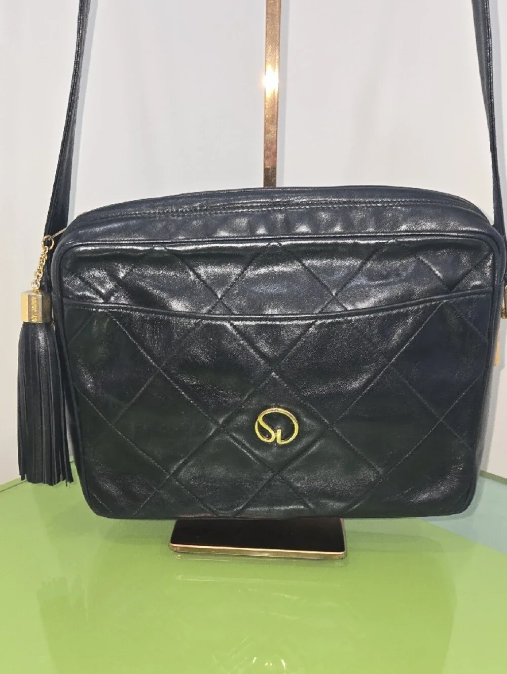 St. John Black Quilted Leather Crossbody Bag with Tassel